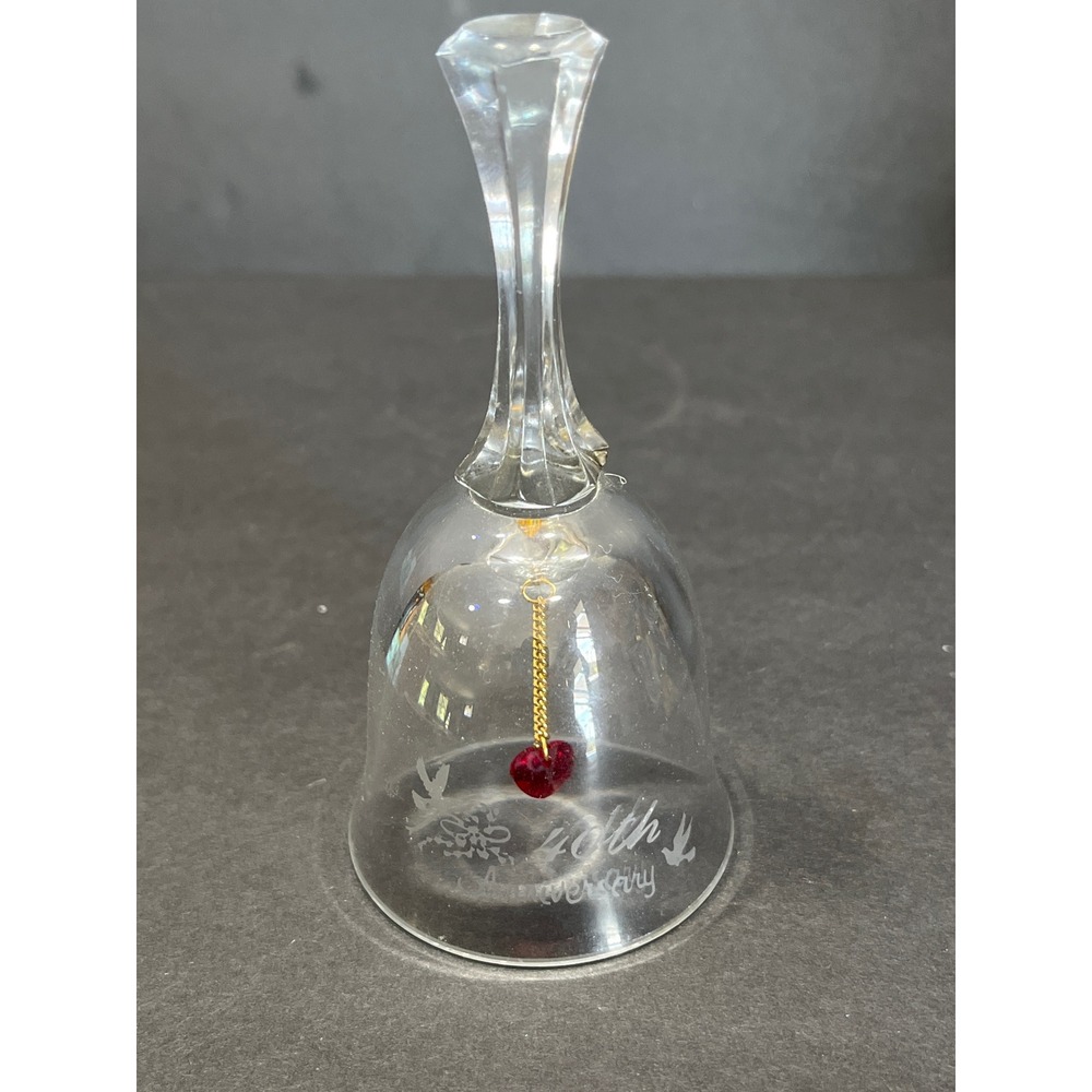 Vintage 40th Ruby Anniversary Glass Bell Etched Doves Red Heart Clapper 4.5"